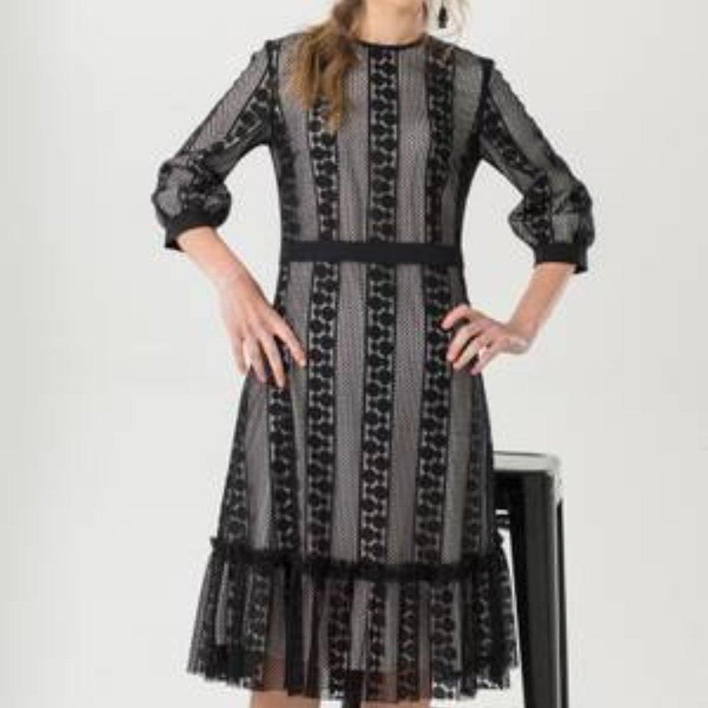 Black & White 3/4 Sleeve Lace Flare Dress